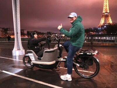 Location Vélo cargo électrique Paris Gazelle MAKKI pour tournage film ou transport adultes